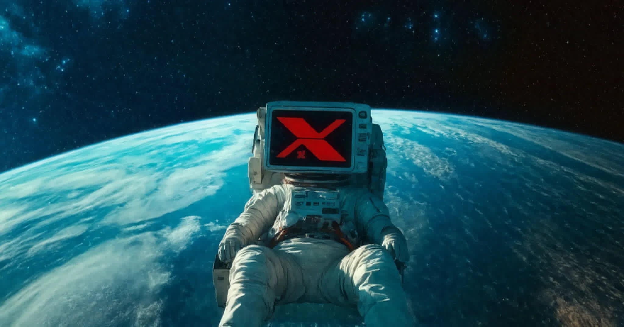 Astronaut in orbit above Earth, visor displaying a red X